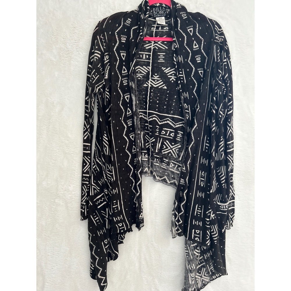 Billabong Womens Small Black White Tribal Geometric Open Front Cardigan Sweater
